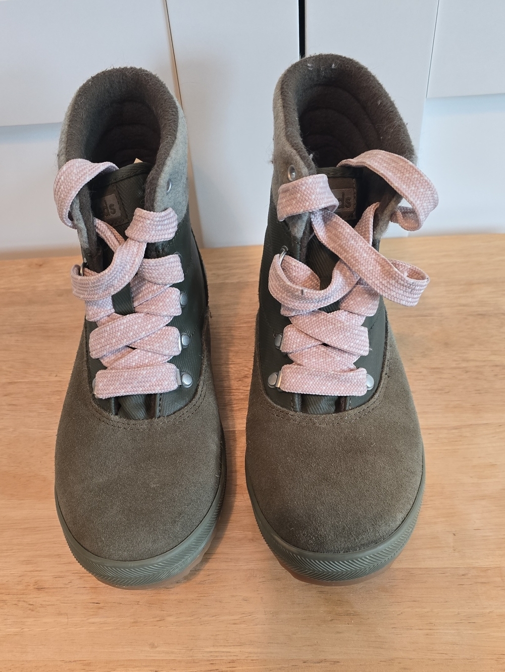 Keds Olive Suede Ankle Booties with Pale Pink Laces